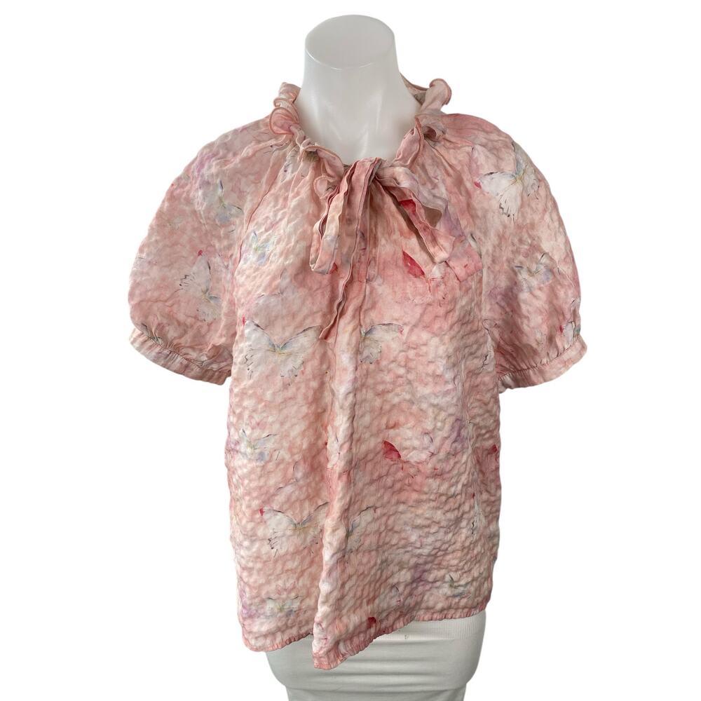 Alice Blue Women's Pink Butterfly Pink Short Puff Sleeve Tie Ruffle Blouse Top L